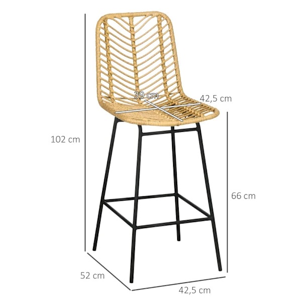 Rootz sæt med 2 barstole - Boho Design - PE Rattan - Inklusiv fodstøtte - Moderne barstole - Gul + Sort - 42,5 cm x 52 cm x 102 cm
