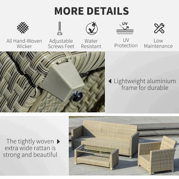 Rootz Polyrattan Havemøbelsæt - Havemøbler - Havesæt - Loungesæt - Loungemøbler med sofabord - Aluminium - Sædehynder - Brun/grå - 193L x 77W x 80,5H