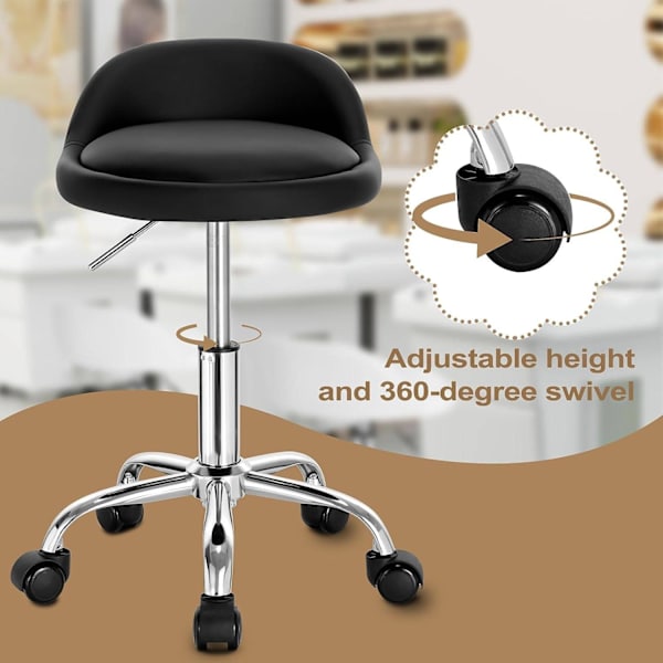 Rootz Makeup Pall - Rullande pall - Justerbar höjd - Ergonomiskt ryggstöd - 30cm x 30cm x 53-65,5cm