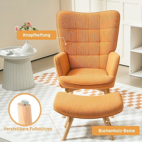 Rootz accentstol med avföring - avslappningsstol - Lounge fåtölj - ergonomisk komfort - 72 cm x 80 cm x 101 cm - corduroy look - brun