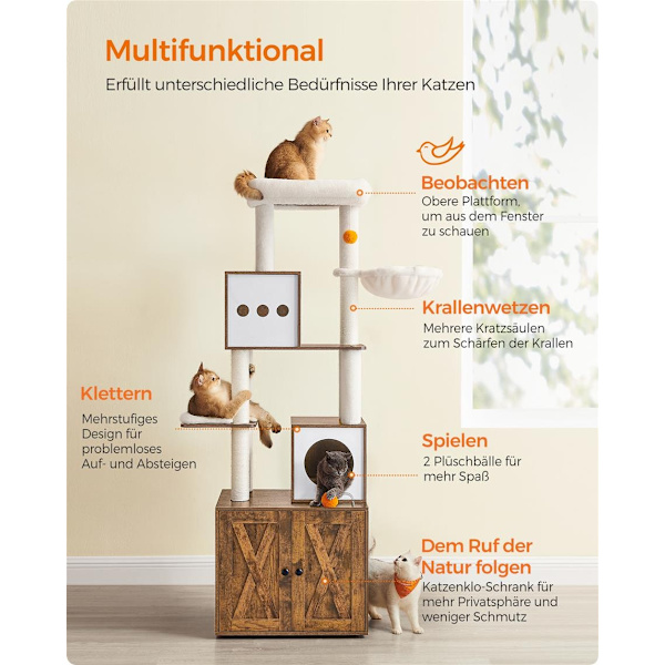 Rootz Skrapstolpe Cat Tree - Vintage Brun - Spånskiva - Plysch - Sisal - 60cm x 52cm x 185cm - Anti-tip - Omfattande instruktioner