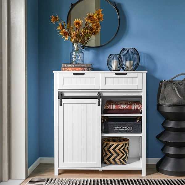 Rootz Moderne køkkenskab - Skænk med skydedør - Kommode - Buffet - Justerbare hylder - Elegant sort/hvidt design - Nem montering - 80 cm x 35 cm x 93
