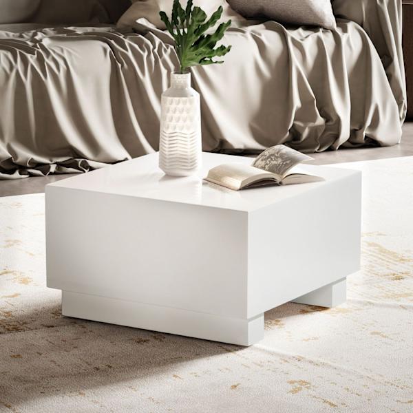 Rootz Elegant Sofabord - Kubebord - Højglans finish - Hvid - Fjernbetjeningsopbevaring - Alsidigt design - 60 cm x 60 cm x 35 cm