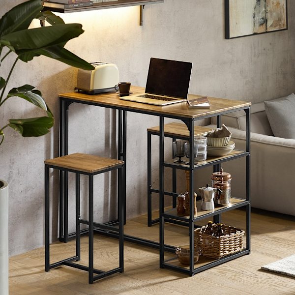 Rootz 3-delt barbordssæt - Barbord med 2 stole - Spisebordssæt - MDF bordplade med PVC - Metalstel - Pladsbesparende opbevaringshylder - Ideel til køk