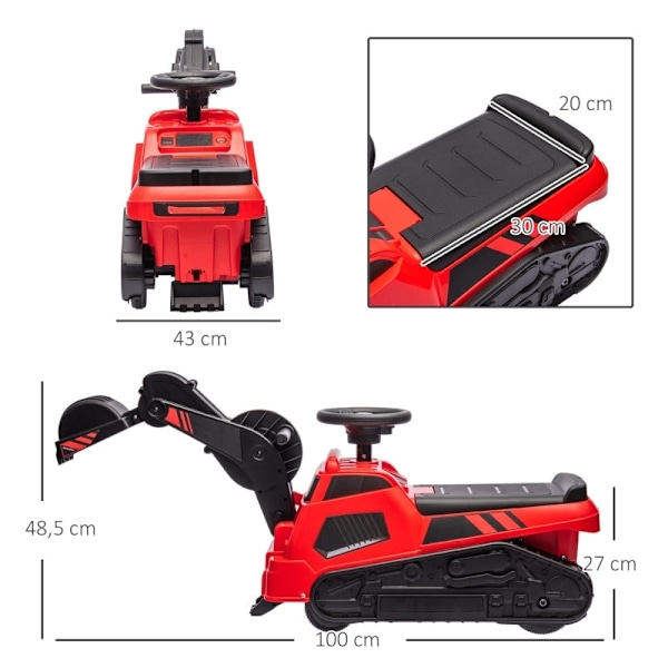 Rootz åkgrävmaskin för barn - 3-i-1 konstruktionsleksak - Musikalisk ratt - Anti-tipdesign - Fotglidning - Röd+svart - 100L x 43W x 48,5H cm