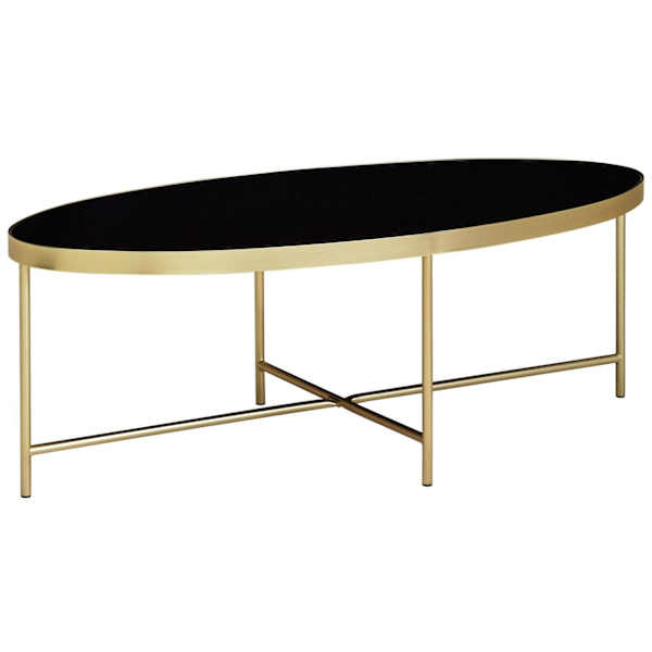 Rootz design sofabord glas sort - oval 110 x 56 cm med guldmetal - Stort stuebord Loungebord glasbord