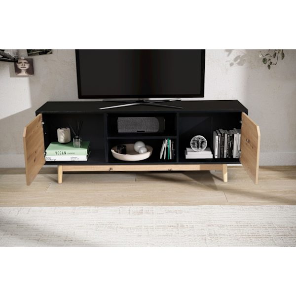 Rootz Lowboard TV Kaappi - TV lipasto - Viihdeyksikkö - Moderni musta tammi - Tilava säilytystila - Kaapelien hallinta - Lattian suojaus - 150cm x 40c
