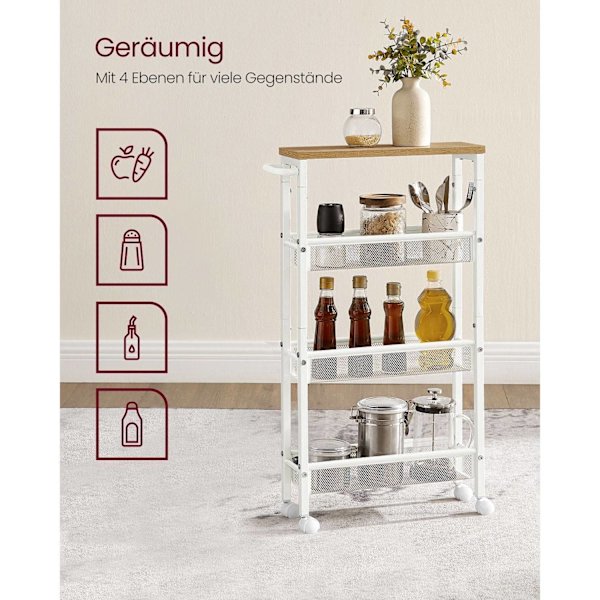 Rootz Oak White Trolleyvogn - Opbevaringsvogn - Rullevogn - Spånplade og stål - Letvægts - Nem montering - Pladsbesparende - 13 cm x 45,4 cm x 77 cm