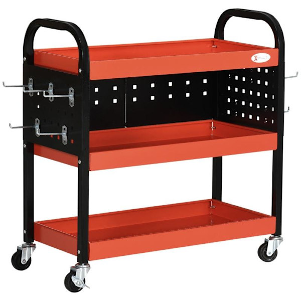 Rootz Værktøjsvogn - Værkstedsvogn - 3 hylder - 2 perforerede paneler - Op til 100 kg - Stål - Rød - 75 x 35 x 80 cm