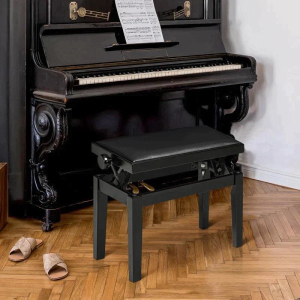 Rootz Piano Bench - Klaverstol - Højdejusterbar - Elegant højglans - Imiteret læder + Gummitræ - Sort - 63 x 33 x 56 cm