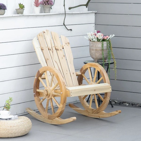 Rootz rustik gyngestol - Havestol - Wagon Wheel Design - Vejrbestandig - Grantræ - Naturlig - 68 x 88 x 92 cm