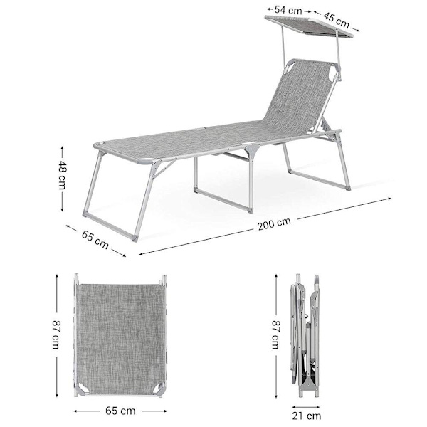 Rootz liggestol - Udendørs liggestol - Terrassesolstol - Havesolseng - Solseng - Strandsolstol - Transportabel liggestol - Grå - 65 x 200 x 48 cm (L x