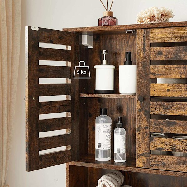 Rootz Vægskab - Badeværelsesskab - Opbevaringsskab - 2 døre - 1 åbent rum - Brun - Forarbejdet træ - Industrielt - 60 x 20 x 70 cm