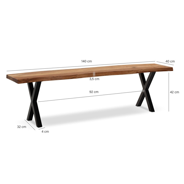 Rootz Modern Design Matsalsbänk - Bänk i massivt trä - Trädkanter - Naturligt trä ådring - Handgjord - 140 cm x 40 cm x 45,5 cm
