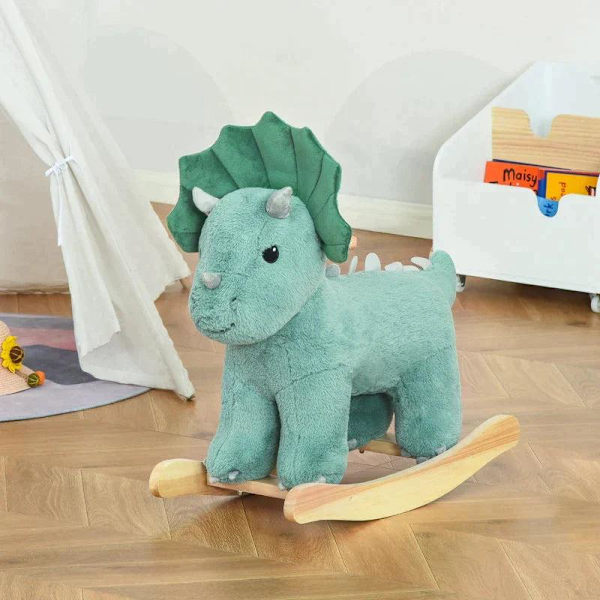Rootz gyngehest - gyngedyr til børn - gyngehest i plys til børn - Triceratops-formet legetøj - Mørk/grøn - 64 x 30 x 54 cm