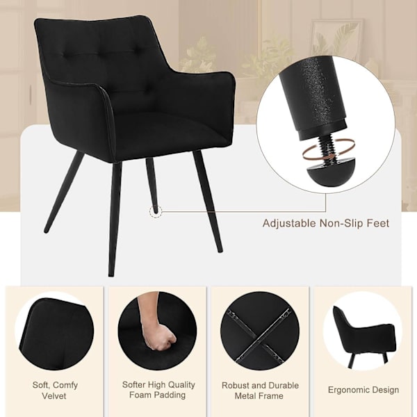 Rootz Velvet Dining Chair Set med 4 - Eleganta stolar - Bekväma sittplatser - Högdensitetsskum - Robust metallram - Ergonomisk design - 57cm x 80cm x