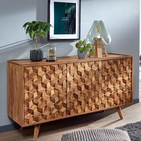 Rootz senkki 138x76x45 cm massiivi sheesham puinen senkki ovilla ja laatikoilla - Lipastokaappi puinen moderni - Seisomakaappi olohuone