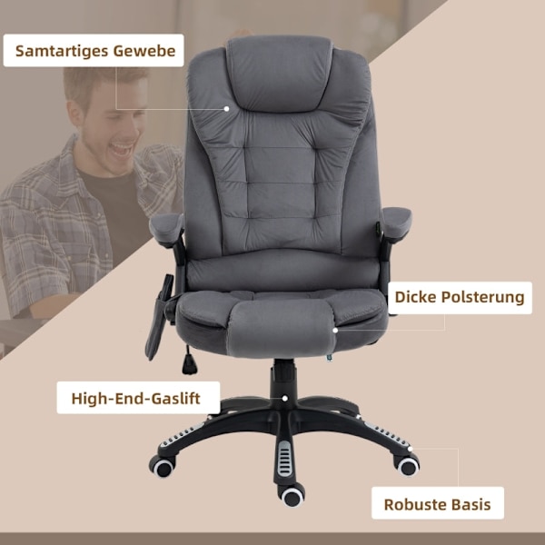 Rootz Vinsetto -toimistotuoli hieronta- ja lämpötoiminnolla - Ergonominen tuoli - Korkeussäädettävä tuoli - 6 tärinähierontapistettä - Helppo liikkuvu