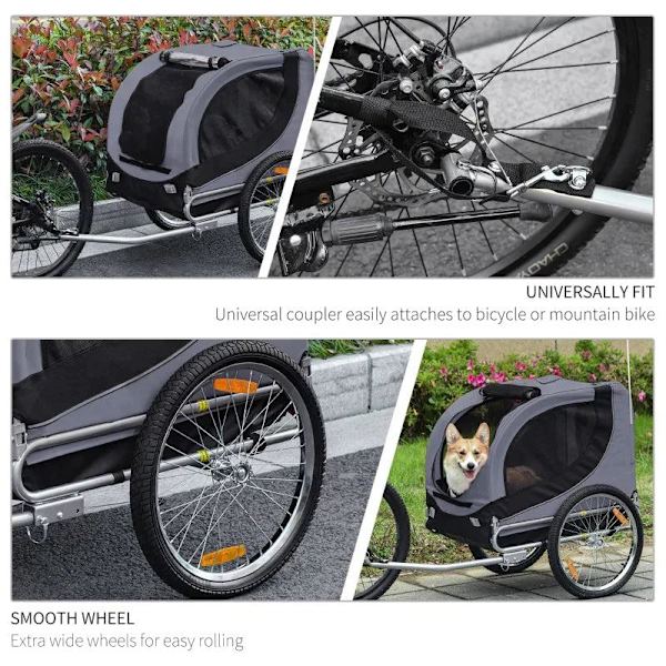 Rootz Cykelsläp för husdjur - Cykelsläp - Hundsläp - Fällbar - Universaldrag - Släp - Stål/Polyester - Grå/Svart - 130 X 73 X 90cm