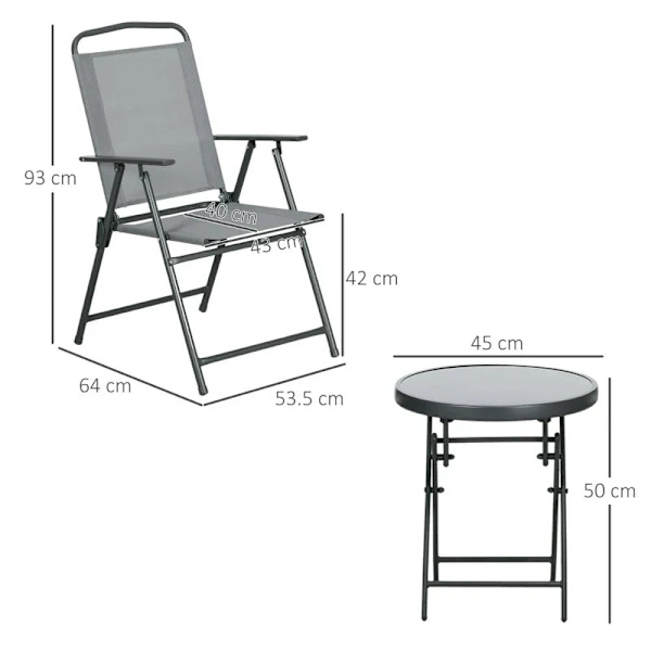 Rootz Outdoor Bistro -huonekalusetti - Puutarhabistrosetti - Kokoontaittuva bistrosetti - Karkaistu lasi - Verkkokangas - Vaaleanharmaa - 53,5 cm x 64