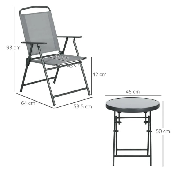 Rootz Udendørs Bistro Møbelsæt - Have Bistro Sæt - Foldebar Bistro Sæt - Hærdet glas - Mesh stof - Lysegrå - 53,5 cm x 64 cm x 93 cm