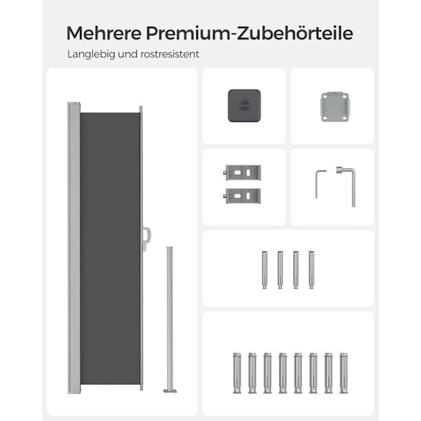 Rootz Sidefortelt - Udendørsskærm - Solskærm - 200x300cm - Antracitfarve - Holdbart stål - UV-resistent - 8,9 kg - 220g/m² polyester