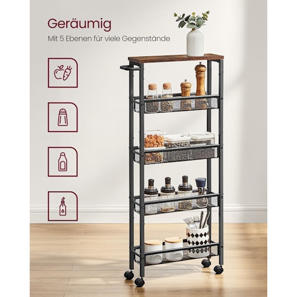 Rootz Vintage Brown-Black Trolley Cart - Rullvagn - Utility Cart - Spånskiva och stålkonstruktion - Lätt och bärbar - 13 cm x 45,4 cm x 99,6 cm - Max