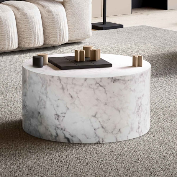 Rootz Elegant sofabord - Rundt bord - Marmorlook - Hvid - Fjernbetjeningsopbevaring - Alsidigt design - Ridsebeskyttelse - 60 cm x 60 cm x 30 cm