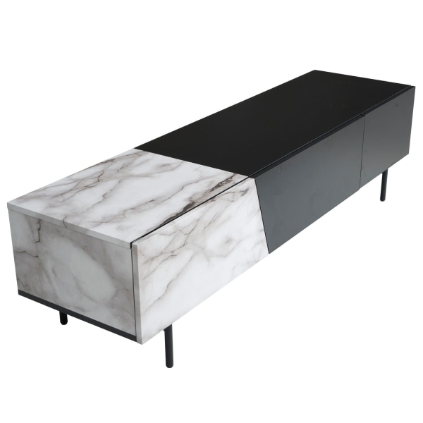 Rootz Modern TV Underskab - Lowboard - Marmor Decor - Rektangulær opbevaring - Rummelig hylde - 150 cm x 40 cm x 40 cm - Hvid & Sort - Velegnet til tv