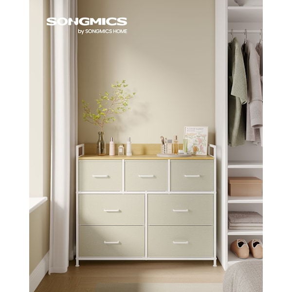 Rootz White 6-skuffers kommode - Trækiste - Stofskuffefronter - Spånplade - 28,5 cm x 98 cm x 85 cm - Organizer - 6 skuffer