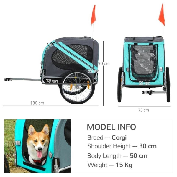 Rootz Pet Trailer - Pet Cykeltrailer - Cykeltrailer - Pet Cykelholder - Foldeligt regnslag - Grå/Grøn - 130 x 73 x 90cm