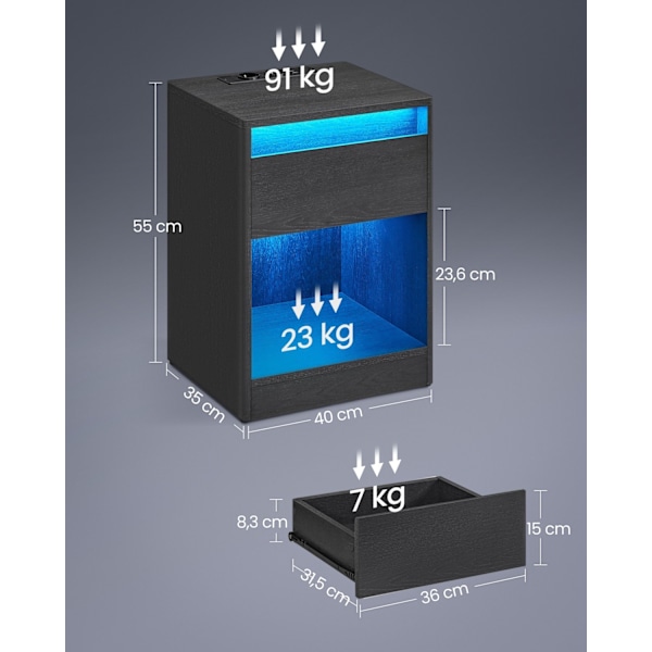 Rootz sengebord med stikkontakter - Natbord - Endebord - MDF spånplade - Rigelig opbevaring - 35 cm x 40 cm x 55 cm - Ask sort
