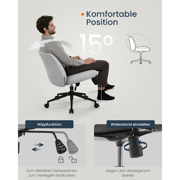Rootz kontorstol med bred sæde - Grå stol - Ergonomisk stol - Stålstel - Bomuld-hør-blanding - Justerbar højde - 70 cm x 70 cm x (82-90) cm