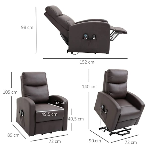 Rootz Massagestol - Ståhjälp - Avslappningsstol - Liggstol - Nackstöd - 8 vibrationspunkter - 2 fjärrkontroller - Imiterat läder - Brun - 72L x 89W x