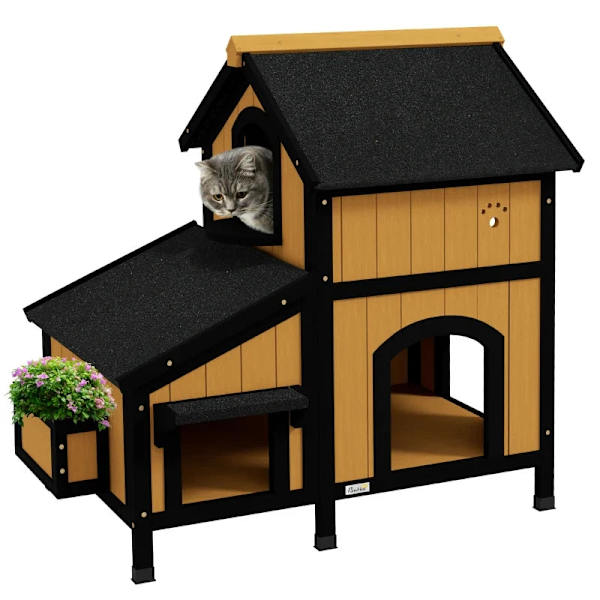 Rootz Cat House - Cat Cave - Blomsterkasse - Vandtæt - Gran Wood - Gul - Hvid - Sort - 96cm X 65cm X 85,5cm