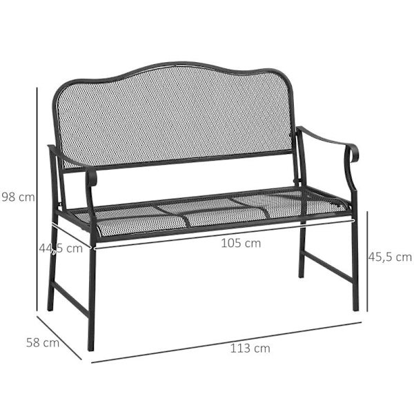 Rootz trädgårdsbänk - 2-sits trädgårdsbänk - 2-sits bänk - väderbeständig - metall - svart - 113cm x 58cm x 98cm
