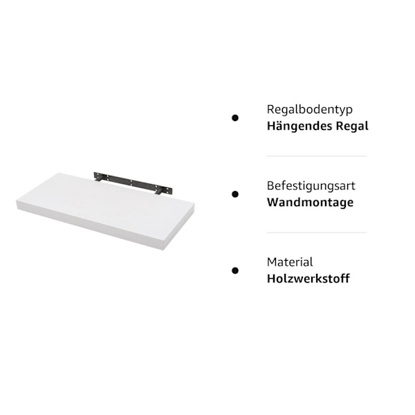 Rootz-seinäasennushylly - Kelluva kirjahyllyteline kodin sisustukseen - Valkoinen puinen seinäpidike - 60x23x3,8cm