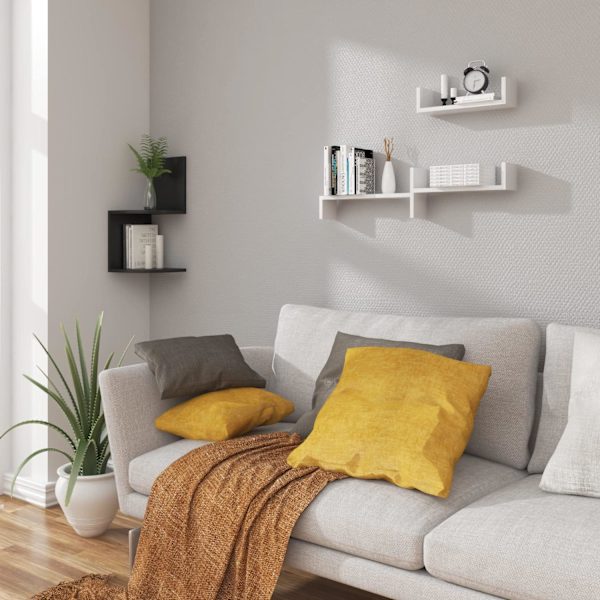 Rootz væghylder - U-formet display - Hængende reol - Dekorativ opbevaring - Vægtavlesæt - Flydende afsatser - Hvid - 26x9,7x6cm, 34x9,7x7,5cm, 42x9,7x