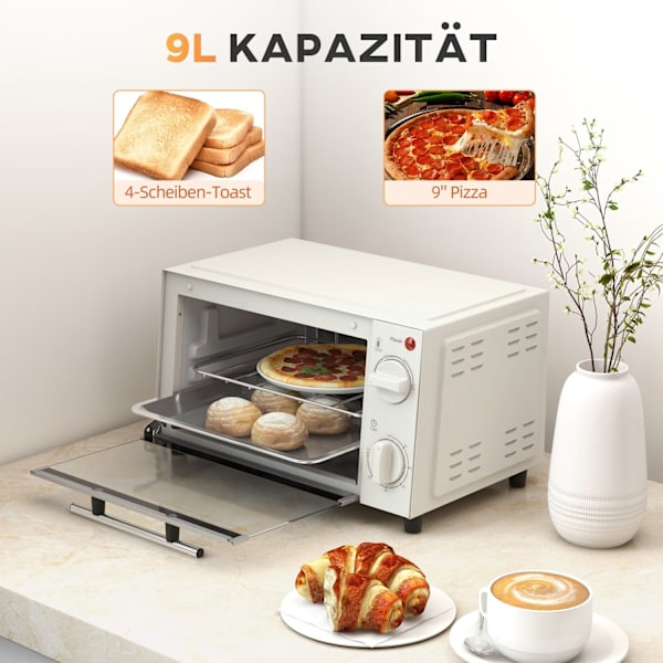 Rootz 9l mini -uuni - Compact Las Gasast Uun - Säädettävä lämpö - tilaa säästävä ruostumaton teräs - 35 cm x 24,6 cm x 20cm valkoinen