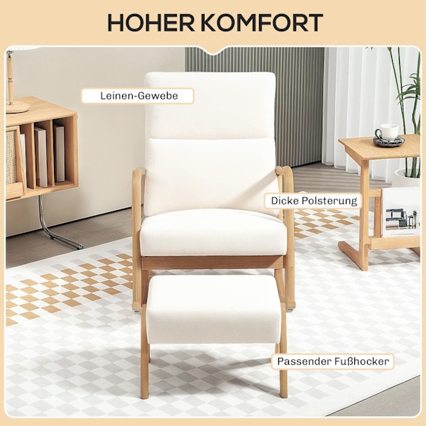 Rootz gungstol med avföring - mjukt vadderad - linne -look - ultimat komfort - 65W x 96d x 94,5H cm - grädde vit