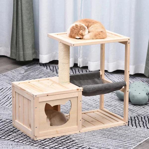 Rootz Cat House - Cat House with Hammock - Cat Cave - Cat Tree - Cat Activity Center - Gran Wood - Naturlig - 70 x 35 x 60 cm