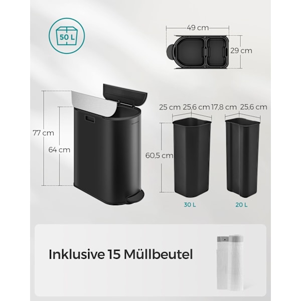 Rootz avfallssepareringssystem 2 fack - Återvinningskärl - Stålkonstruktion - PVC Innerfoder - 30L och 20L - 49cm x 29cm x 64cm