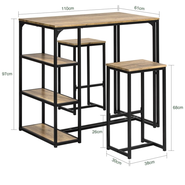 Rootz 3-delade barbordsset - Barbord med 2 stolar - Matsalsset - MDF-bordsskiva med PVC - Metallram - Platsbesparande förvaringshyllor - Perfekt för k