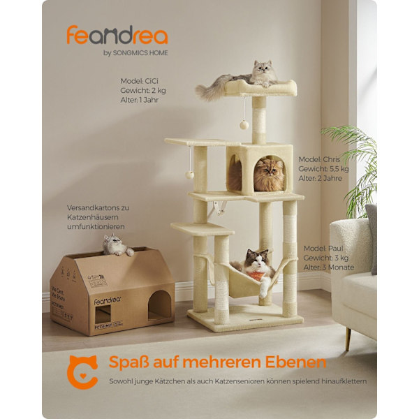 Rootz Cat Scratching Stolpe - Cat Tree - Cat Condo - Spånskiva - Plysch - Sisal Scratcher - 55cm x 45cm x 143cm - Beige - 13kg - 40kg Kapacitet