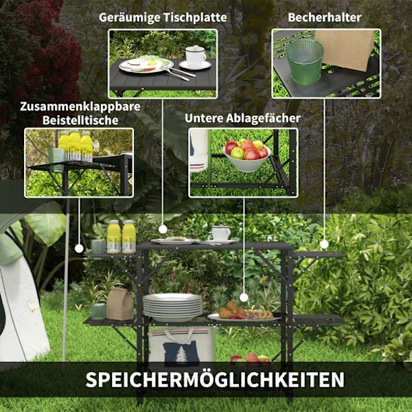 Rootz Campingbord - Picknickbord - Utomhusskåp - Ökad förvaring - Kompakt och bärbar - Hållbar konstruktion - 126cm x 44cm x 80cm - Svart