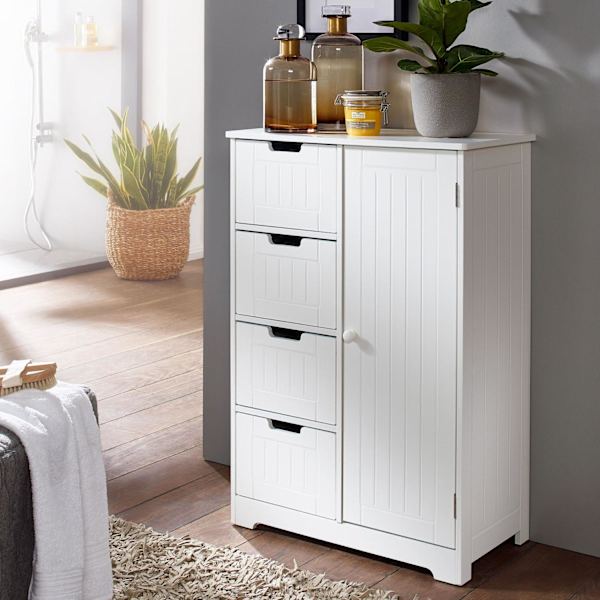 Rootz Design badrumsskåp lantlig MDF trä 65 x 83 x 30 cm vit - Litet badrumsskåp 4 lådor & 1 dörr - Sidoskåp Multifunktionsskåp