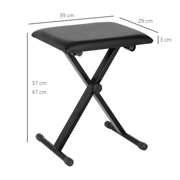 Rootz Pianopall - Pianobänk - Kosmetisk pall - Justerbar i höjdled - Vikbar - Metall - Fuskläder - Skum - Svart - 39 x 29 x 37-47 cm