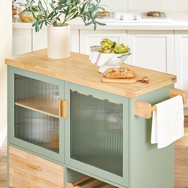 Rootz Köksvagn FKW114-GR - Köksö - Skänk - Vinglashållare - Flaskhylla - Slitstark MDF & Bambu - 109cm x 92cm x 40cm