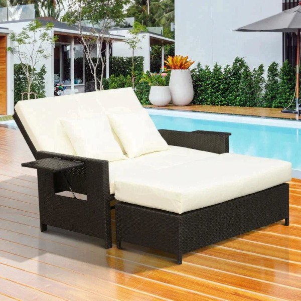 Rootz Poly Rattan Lounge Soffa - Trädgårdssoffa - Solstol - 2-sits - Dyna - Pall - Brun