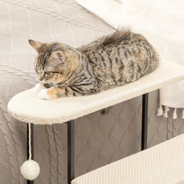 Rootz Cat Trappa - Med skrapbräda - 3 steg - Leksaksboll - Robust - Stål + Sisal - Krämvit + Svart - 51 x 54 x 53 cm